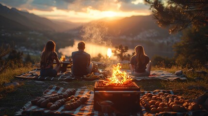 a group of people are sitting around a campfire in the mountains - obrazy, fototapety, plakaty