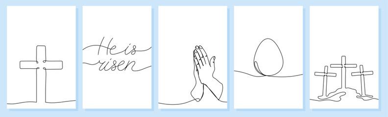 Easter one continuous line banner templates set. Christian crosses, He is risen quote, praying hands, Easter egg isolated on white background with copy space. Religion concept