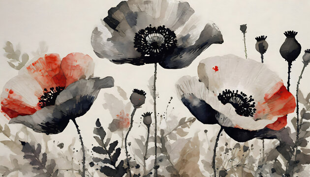 mohnblumen, abstrakt, vintage, malerei, retrostyle, braun, schwarz, beige, close up, gestalten, hintergr&uuml;nde, gezeichnet, zeichnung, textur, muster, copy space, karte, konzept, rot, alt, design, art