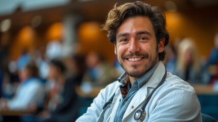 Zukünftiger Mediziner: Junger angehender Arzt mit Zuversicht und Engagement im Seminarraum