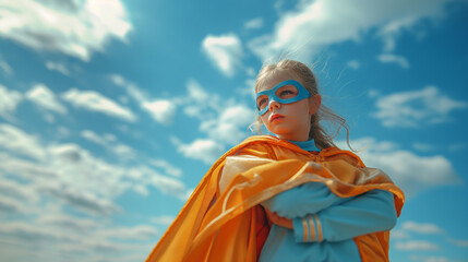 Kleine Superheldin: Mädchen mit Umhang und Brille bereit, die Welt zu erobern - obrazy, fototapety, plakaty