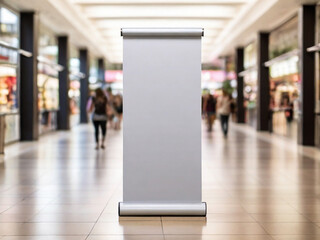 Naklejka premium Roll up mockup, poster stand in a shopping center or mall environment as a wide banner design with blank, empty copy space area