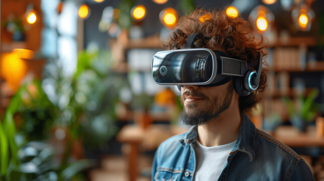 Eintauchen in virtuelle Welten: Mann erlebt interaktive Realit&auml;t mit moderner VR-Brille