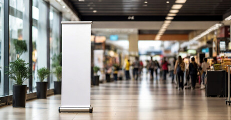 Roll up mockup, poster stand in a shopping center or mall environment as a wide banner design with blank, empty copy space area - obrazy, fototapety, plakaty