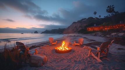 A group of people gathers around a fire pit on the beach at dusk