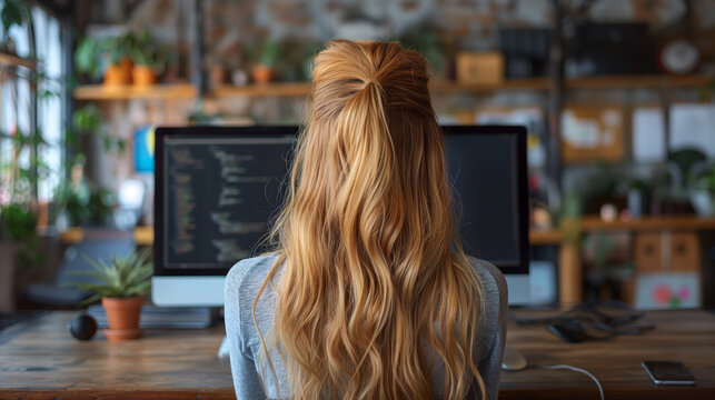 Programmiererin bei der Arbeit in einem gem&uuml;tlichen, urbanen Homeoffice