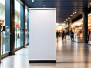 Roll up mockup, poster stand in a shopping center or mall environment as a wide banner design with blank, empty copy space area