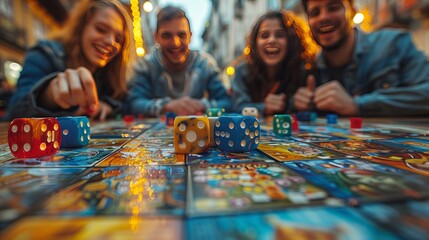 A group of humans smiling and having fun playing indoor games around a table - obrazy, fototapety, plakaty