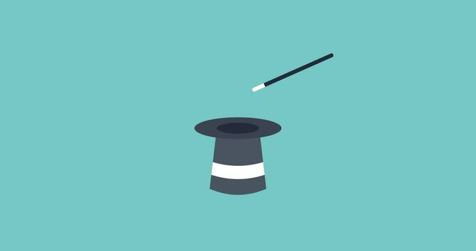 Vector illustration of magic hat and magic wand icon, magician hat, vector animation of a magic hat, magic animation, stars, animation of the appearance of a rabbit from a hat.