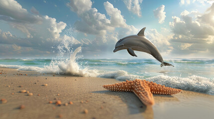 A starfish on the shore and a dolphin jumping in the ocean water against the sky
