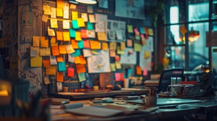 Marketing Strategy Concept: Working desk with multicolor sticky notes filled wall where planning and strategizing are done - obrazy, fototapety, plakaty