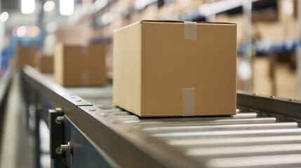 close up of several cardboard box packages moving a conveyor belt