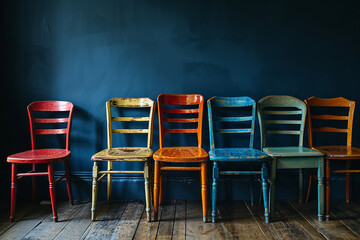 row of different colored chairs. Employment, job, DEI concept. Diversity equity and inclusion. High quality photo