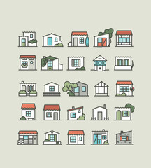 Collection de 25 cabanes au trait et vecteur. Balade sur l'ile d'Yeu en Vendée. Plage, Pêche, Surf. Cabane typique. Patrimoine bâti. Personnalisation de maison. Architecture, construction. 