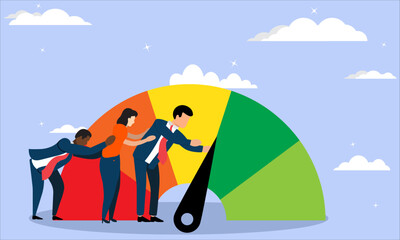 Group of people trying to improve a credit score by pushing the needle, Personal finance affordability concept