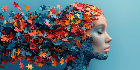 Woman surrounded by puzzle pieces, creative mind, exploding brain full of ideas and imagination, education concept, colorful jigsaw 
 - obrazy, fototapety, plakaty