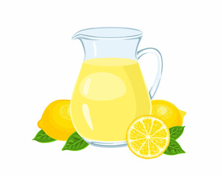 Lemonade pitcher Isolated on white background. Vector cartoon illustration of fresh citrus drink in glass jug.
