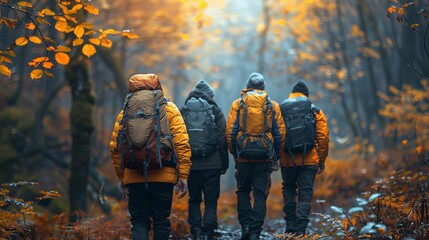 a group of people with backpacks are walking through a forest - obrazy, fototapety, plakaty
