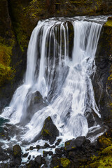 Obraz premium Close-up of beautiful Fagrifoss waterfall on the way from Kirkjubæjarklaustur to Lakagígar, Iceland.