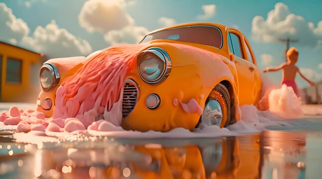 Vintage Yellow Car Drenched in Pink Ice Cream Foam on Sunny Day - Generative AI