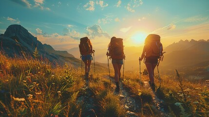 Three hikers with backpacks trekking through mountainous landscape at sunset - obrazy, fototapety, plakaty