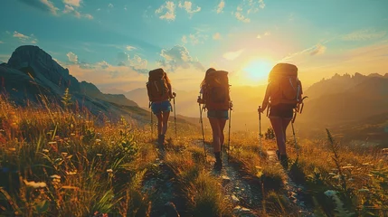 Fotobehang Three hikers with backpacks trekking through mountainous landscape at sunset © yuchen