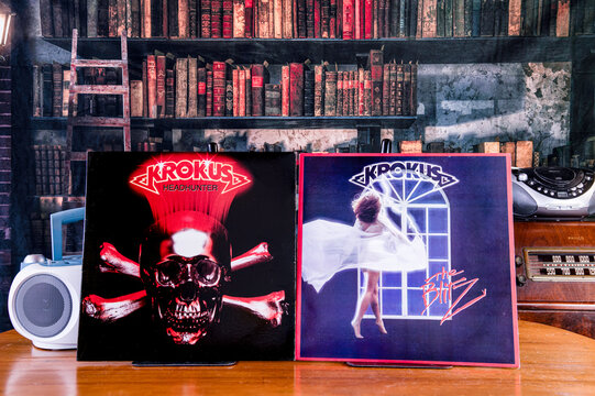 Chambersburg Pennsylvania USA 3-1-2024 rock band Krokus vinyl record albums Headhunter and The Blitz in old library