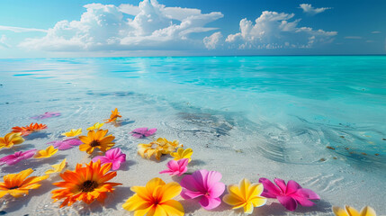 Fototapeta na wymiar Beautiful flowers on the shore of the blue ocean