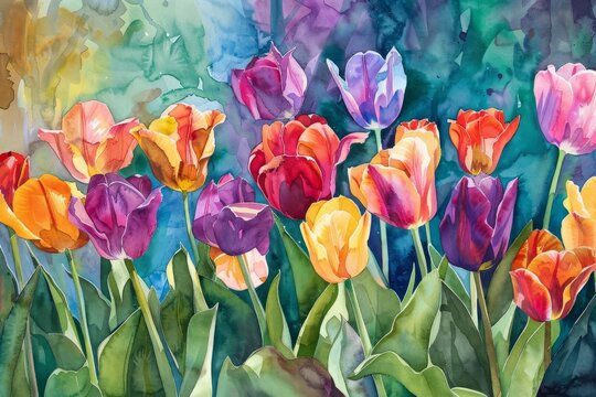 Watercolor illustration of colorful spring tulip flowers, spring background