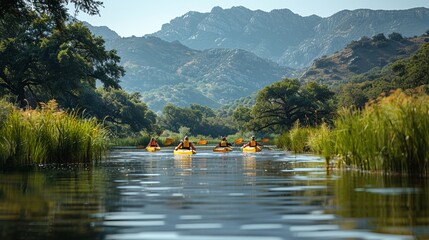 Group kayaking on river surrounded by mountains and natural landscape
