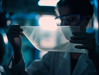 A Photo Of A Scientist Researching Plant-Based Bioplastics In A Lab Holding A Transparent Flexible Material Up To The Light