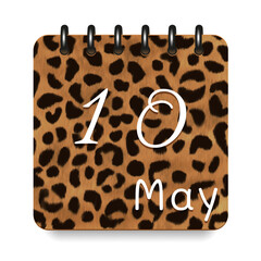 10 May. Leopard print calendar daily icon. White letters. Date day week Sunday, Monday, Tuesday, Wednesday, Thursday, Friday, Saturday.