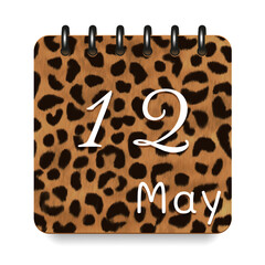 12 May. Leopard print calendar daily icon. White letters. Date day week Sunday, Monday, Tuesday, Wednesday, Thursday, Friday, Saturday.