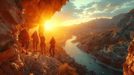 Schilderijen op glas a group of people are standing on top of a mountain overlooking a river at sunset © yuchen
