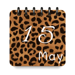 15 May. Leopard print calendar daily icon. White letters. Date day week Sunday, Monday, Tuesday, Wednesday, Thursday, Friday, Saturday.