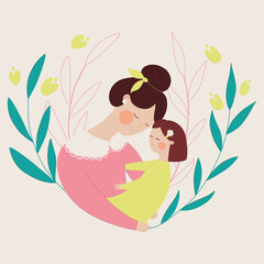 Mother with a small child in her arms, flowers in the background. Greeting card for Mother's Day. Vector illustration