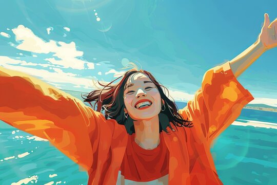 Illustration of a happy Asian girl taking selfie on sea background
