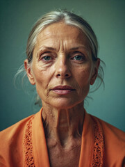 Retrato sereno de mujer mayor con  mirada pensativa que demuestra sabiduría y elegancia madura