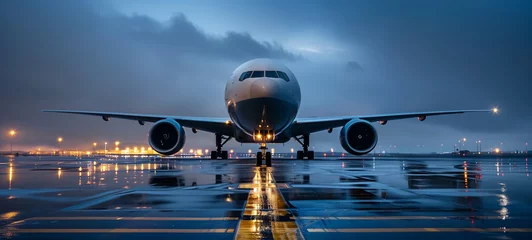 Fotobehang A jet plane stands on the runway amidst the rain, poised for departure despite the inclement weather © Katsiaryna