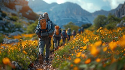 Group of hikers exploring a colorful plant community in the mountain grassland