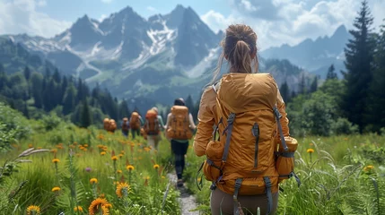 Küchenrückwand glas motiv A group of hikers with backpacks exploring the mountainous natural landscape © yuchen