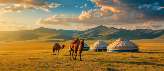 Picturesque rural landscape of Central Asia, with camels and tents typical of the region.