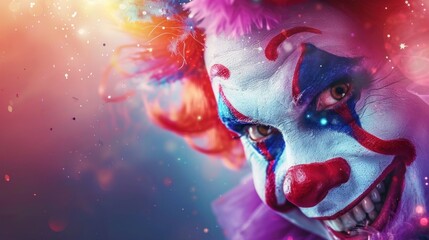 Intense close-up of a vibrant clown with a menacing smile