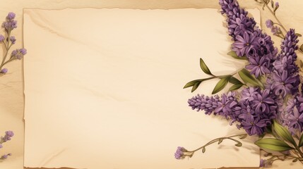 An envelope with a mock-up of a note made of blank paper in the hands of a woman and flowers on the table. View from above. An invitation, a postcard and a letter.