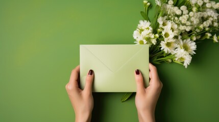 A paper envelope in the hands of a woman and flowers on the table. View from above. An invitation, a postcard and a letter.