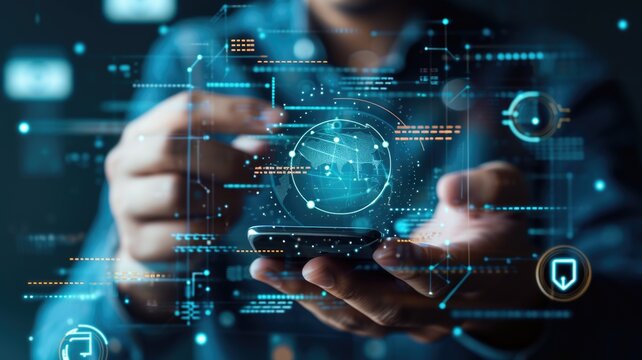 Close-up of a person's hands holding a smartphone with digital credit card display and holographic data, symbolizing mobile payment security and technology. - Powered by Adobe