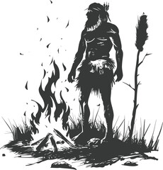 Silhouette ancient caveman in front bonfire black color only