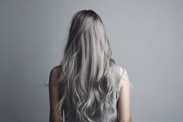 Rear view of a girl with flowing long gray hair, care and hair care concept