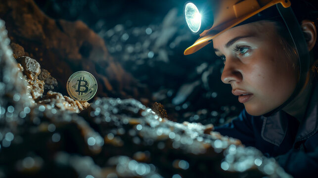 Miner in a mine finding a bitcoin token. Concept of Bitcoin Mining