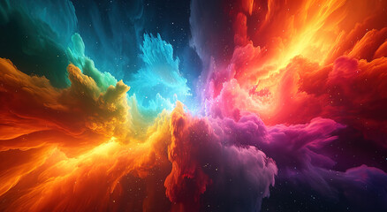 Abstract cosmic nebula wave clouds background landscape wallpaper design, blue, yellow, purple, red color lighting and dynamic rainbow universe and space